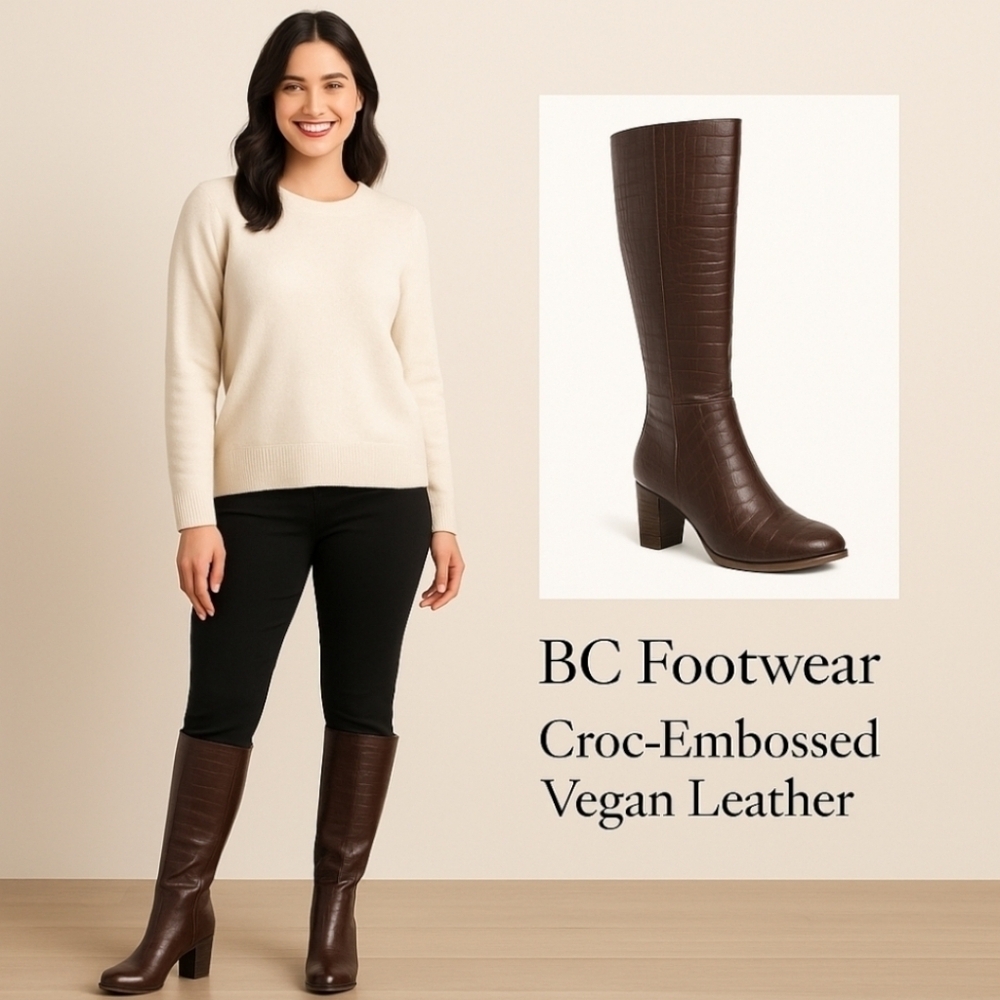 BC Footwear Make An Impact Vegan Croc-Embossed Stacked Heel Knee-High Boots 10M